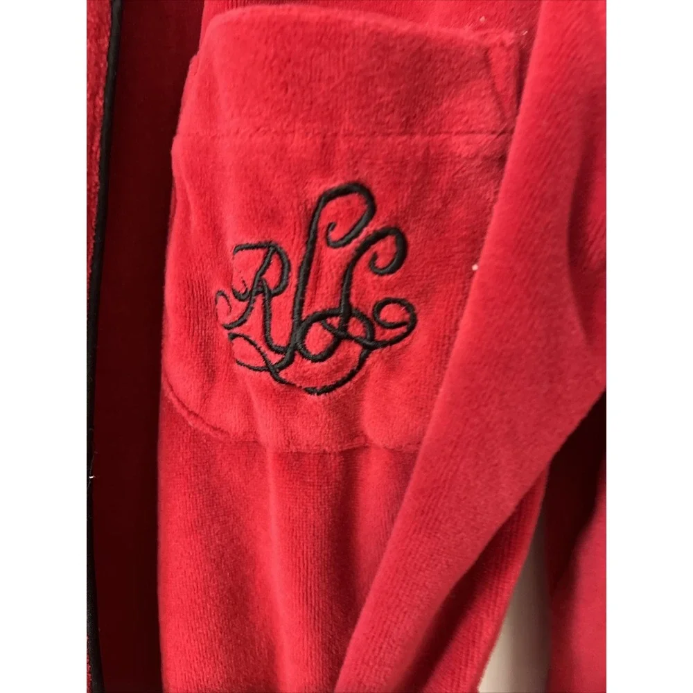 VTG‎ Lauren Ralph Lauren Red Robe Embroidered Pocket Women's Size M Black Trim